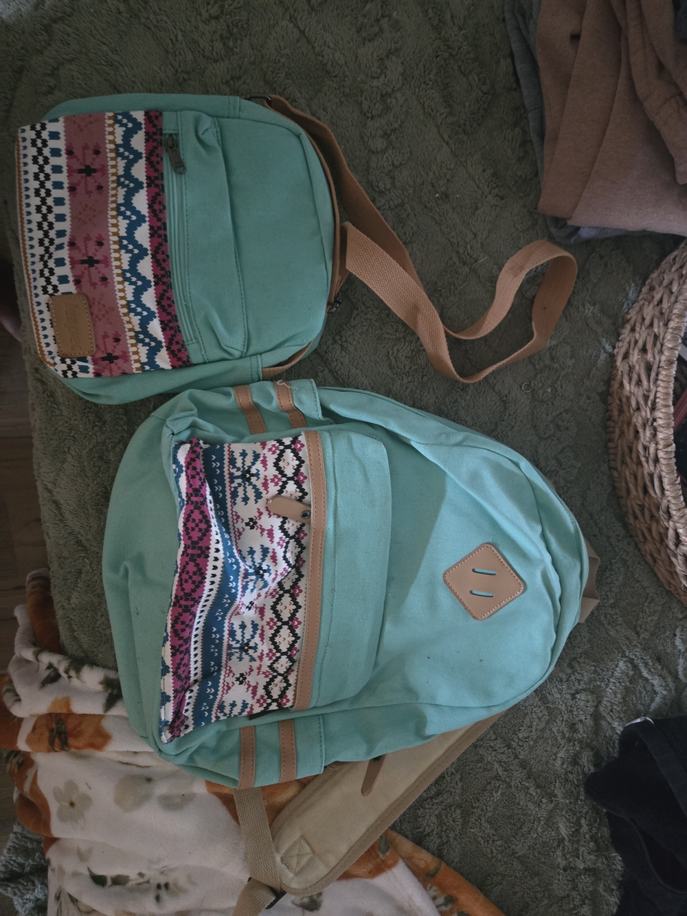 Mint Green Patterned Canvas Backpack with Matching Crossbody